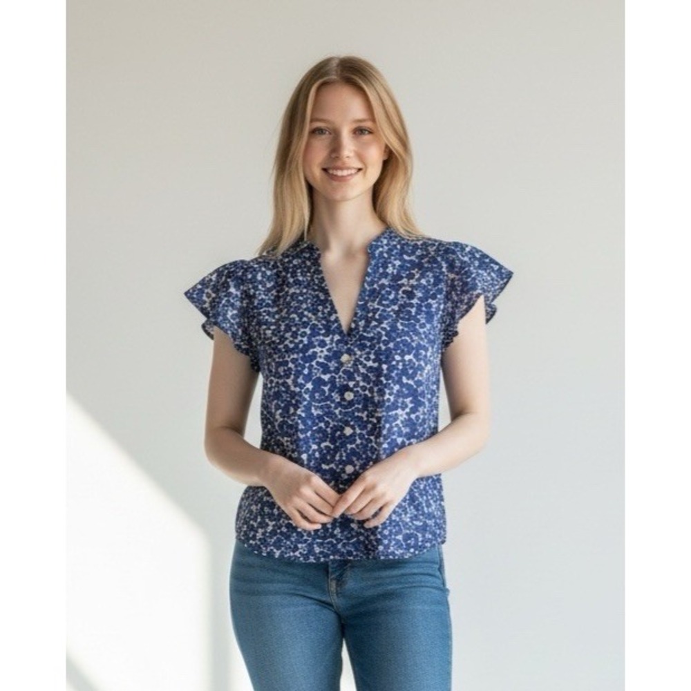 Marine Layer Women's XS Cap Sleeve Button Up Blouse Blue Abstract EUC
